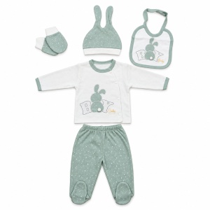Set nou-nascut 5 piese bumbac alb si verde salvie cu iepuras, pantaloni cu botosei integrati - Img 4