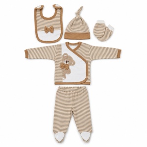 Set nou nascut 5 piese bumbac maro cu ursulet, bluza petrecuta si pantaloni cu botosei integrati - Img 4