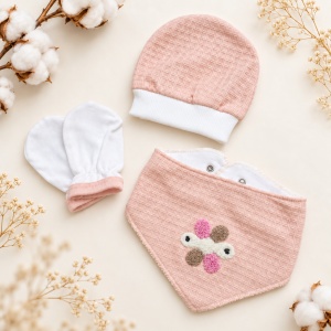 Set nou nascut 5 piese bumbac organic roz cu floricica, pantaloni cu botosei integrati - Img 6