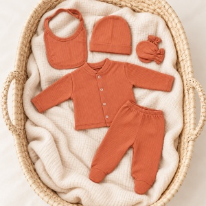 Set nou nascut 5 piese caramiziu reiat, bluza, pantaloni cu botosei, caciulita, baveta si manusi