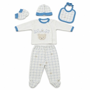 Set nou-nascut 5 piese din bumbac alb si bleu cu ursulet, model carouri si pantaloni cu botosei - Img 4
