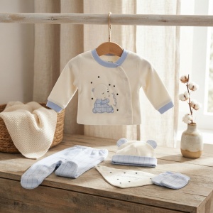 Set nou-nascut 5 piese din bumbac alb si bleu cu ursulet Mummy si pantaloni cu botosei integrati - Img 3