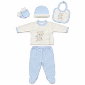 Set nou-nascut 5 piese din bumbac alb si bleu cu ursulet, pantaloni cu botosei integrati - Img 4