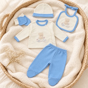 Set nou-nascut 5 piese din bumbac alb si bleu cu ursulet pe scuter, pantaloni cu botosei - Img 4