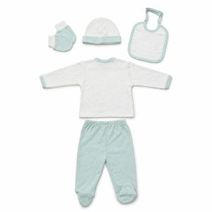 Set nou-nascut 5 piese din bumbac alb si verde menta cu ursulet pe scuter si pantaloni cu botosei - Img 4