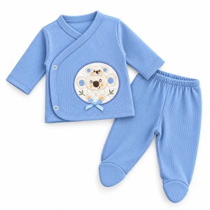 Set nou-nascut 5 piese din bumbac, bluza, pantaloni cu botosei, caciulita, manusi si baveta, Koala, bleu - Img 2