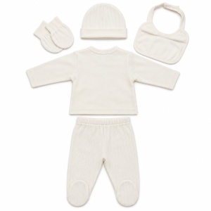 Set nou-nascut 5 piese din bumbac ivoire cu ursulet, pantaloni cu botosei integrati - Img 5