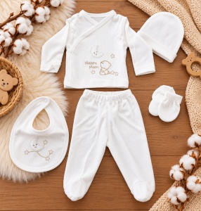Set nou nascut 7 piese bumbac alb cu ursulet si luna, paturica, pantaloni si accesorii - Img 3