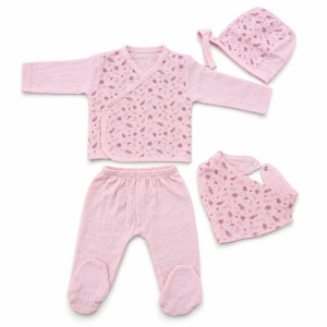 Set nou nascut 7 piese din muselina roz cu imprimeu floral, body, bluzita, pantaloni si paturica - Img 5