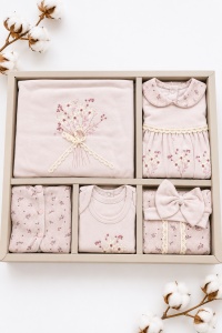 Set nou nascut fetita 10 piese 100% bumbac, lila pudrat, floral, paturica inclusa - Img 3