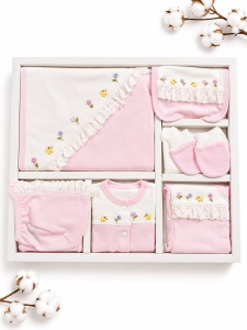 Set nou nascut fetita 10 piese 100% bumbac, roz, flori brodate, paturica inclusa - Img 2