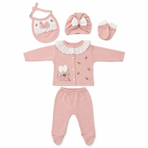 Set nou-nascut fetita 5 piese bumbac, roz pudrat cu floricele, fundite si botosei integrati - Img 4