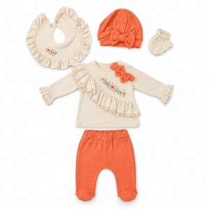 Set nou nascut fetita 5 piese din bumbac, crem si corai, cu volane si flori - Img 3