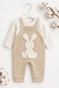 Set pentru bebelusi cu salopeta tricotata bej model iepuras si bluza alba din bumbac - Img 3