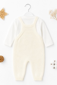 Set salopeta tricotata ivoire cu iepuras si bluza alba pentru bebelusi din acril premium - Img 4