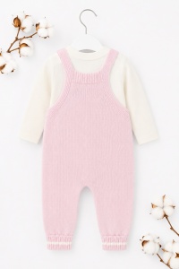 Set salopeta tricotata roz cu iepuras si bluza crem pentru bebelusi din acril premium - Img 4