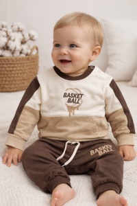 Set trening bebe baieti 2 piese bumbac basket ball maro crem casual sport