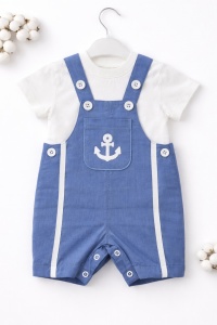 Set vara bebe 2 piese salopeta cu bretele si tricou bumbac model marin - Img 3