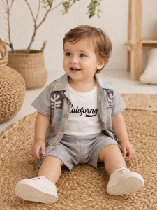 Set vara gri bebe 3 piese bumbac tricou camasa si pantaloni scurti casual