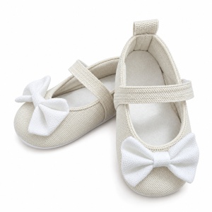 Balerini bebe fete crem cu funda alba si bareta, pantofiori eleganti