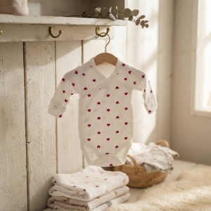 Body bebe alb cu maneca lunga si inimioare roz, prezentare in decor