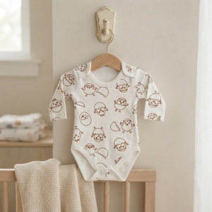 Body bebe alb din bumbac cu puisori si oua, maneca lunga