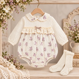 Body bebe fetita din muselina cu imprimeu floral, volan brodat si sosete - Img 2