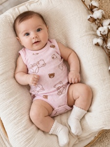 Body bebelusi roz din bumbac ribat cu ursuleti fara maneci confort premium