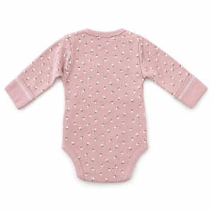 Body petrecut bebe fetita din bumbac roz pudrat cu floricele si maneca lunga - Img 3