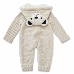 Combinezon bebe crem cu gluga ursulet, material pufos si maneci tricotate din lana - Img 5