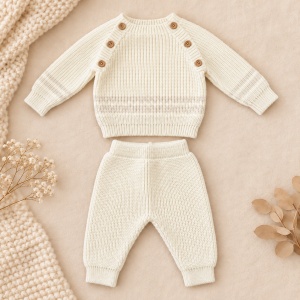 Compleu bebe 4 piese din lana naturala, pulover, pantaloni, body si caciulita, crem - Img 3