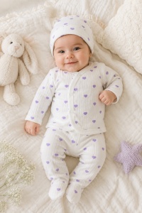 Compleu bebe alb cu inimioare mov si caciulita din bumbac ribat
