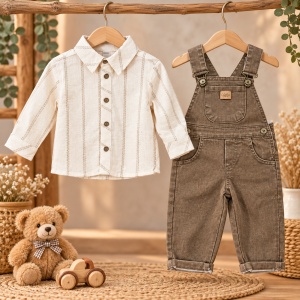 Compleu bebe baiat 2 piese din bumbac cu salopeta maro si camasa crem - Img 2
