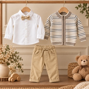 Compleu bebe baiat 4 piese, camasa, cardigan tricotat, pantaloni si papion, bej - Img 2