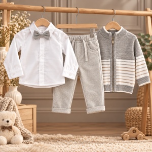 Compleu bebe baiat 4 piese, camasa, cardigan tricotat, pantaloni si papion, gri - Img 2