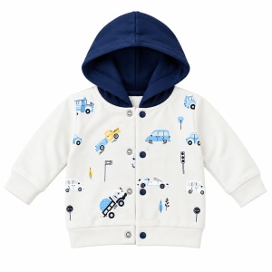 Compleu bebe baiat bumbac 3 piese cu masinute bleumarin jacheta body si pantaloni - Img 3