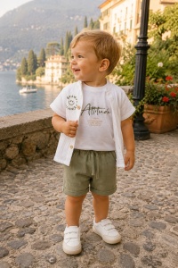 Compleu bebe baieti 3 piese cu camasa din muselina pantaloni verde salvie si tricou