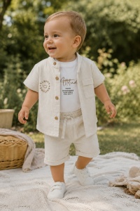 Compleu bebe baieti 3 piese din muselina cu tricou alb din bumbac si pantaloni crem
