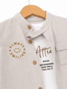 Compleu bebe baieti 3 piese din muselina gri cu tricou alb attitude - Img 4