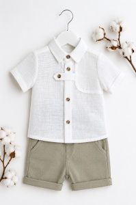 Compleu bebe baieti din muselina cu camasa alba si pantaloni scurti verzi - Img 4