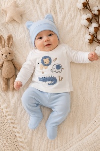 Compleu bebe bleu din bumbac cu caciulita si imprimeu animalute safari pentru baieti