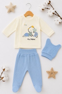 Compleu bebe bleu din bumbac cu caciulita si imprimeu my friend pentru baieti - Img 2
