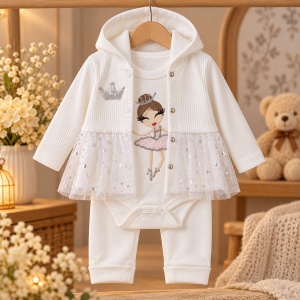 Compleu bebe fetita 3 piese, 100% bumbac, body cu balerina, pantaloni si jacheta cu gluga si tull, alb - Img 2