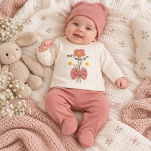 Compleu bebe fetita 3 piese din bumbac, bluza cu flori, pantaloni cu botosei si caciulita