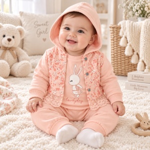 Compleu bebe fetita 3 piese din bumbac cu hanorac floral bluza iepuras si pantaloni