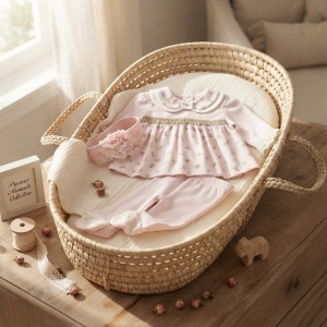 Compleu bebe fetita roz si ivory cu imprimeu floral, pantaloni si bentita, prezentare in decor