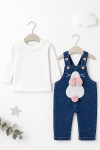 Compleu bebe fetita cu salopeta denim si bluza alba model iepuras - Img 2