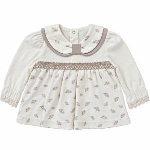 Compleu bebe fetita din bumbac cu bluza, pantaloni cu botosei si bentita, crem - Img 4