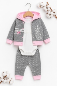 Compleu bebe fetite 3 piese cu hanorac roz gri body si pantaloni din bumbac - Img 2