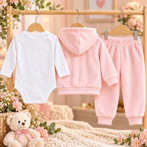 Compleu bebe fetite 3 piese din bumbac catifelat, body, hanorac cu pasarele si pantaloni roz - Img 3